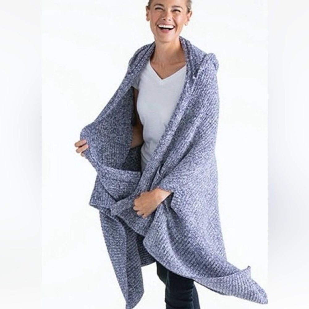 Softies Ultra Soft Chunky Knit Hooded Wrap Cardigan Poncho Shawl | Blue White